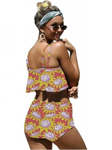 Racing Womens Colorful Sunflowers Botany Print Flounce Bikini Push up High Waisted Swimsuits - Yellow-2 - CY196M3NGOO $36.80