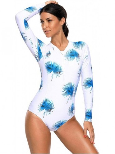 One-Pieces One Piece Long Sleeve Floral Colorblock Zipper Front Padded Cups Swimsuit Teddy Bodysuit Monokini - White - CP189R...