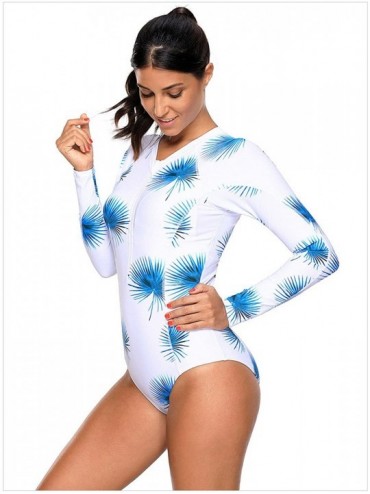One-Pieces One Piece Long Sleeve Floral Colorblock Zipper Front Padded Cups Swimsuit Teddy Bodysuit Monokini - White - CP189R...