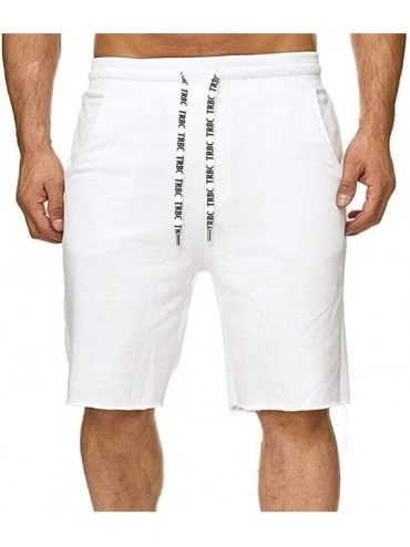 Trunks Men Solid Causal Beach Shorts Elastic Waist Drawstring Lightweight Slim Fit Summer Twill Pants with Pocket - White - C...