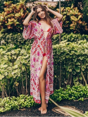 Cover-Ups Chiffon Floral Print Long Swimsuit Kimono Cover ups Half Sleeve Bikini Cover up Summer Beach Dresses Open Front Kim...