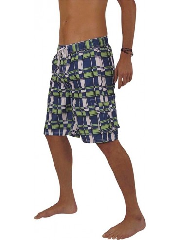 Trunks Mens Swim Trunks - Watershort Swimsuit - Cargo Pockets - Drawstring Waist - Royal Lime Plaid - C01869WAGLH $17.91