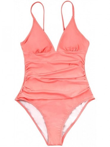 One-Pieces Women's Shirring Design V-Neck Low Back One Piece Swimsuit - Light Pink - CW196EANAKL $30.58