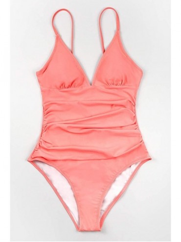 One-Pieces Women's Shirring Design V-Neck Low Back One Piece Swimsuit - Light Pink - CW196EANAKL $30.58