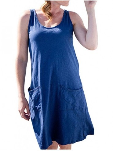 Cover-Ups Womens Summer Dress Sleeveless Crew Neck Beach Cover up Tank Dress Casual Pockets Swing Tunic Dress - Dark Blue - C...