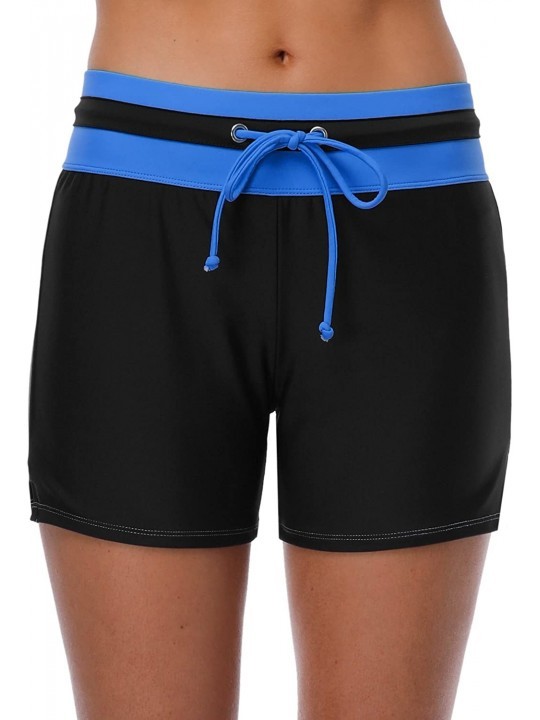 Bottoms Women Stretch Swim Shorts Drawstring Swimsuit Bottoms Sports Boardshorts - Black/Royal - CJ18DM3YS7W $22.88
