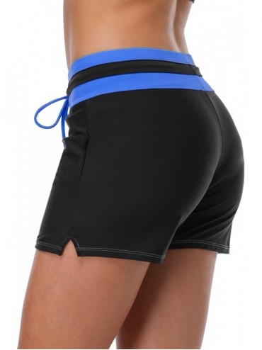 Bottoms Women Stretch Swim Shorts Drawstring Swimsuit Bottoms Sports Boardshorts - Black/Royal - CJ18DM3YS7W $22.88
