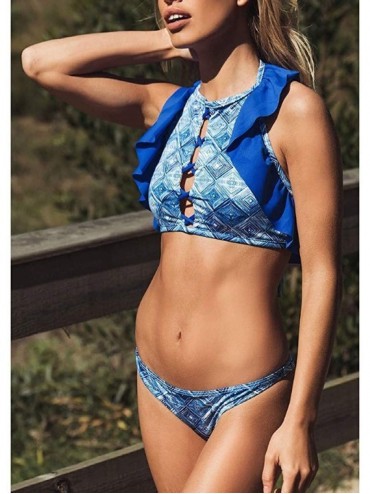 Sets Women Ruffled Beachwear Patchwork 2 Pieces Hollow Bikini Bohemian Swimsuit Bathing Suit - Blue - CK18O7EXGY5 $13.02