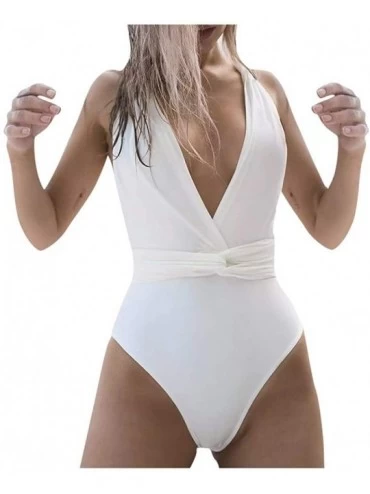 Racing Womens One Piece Swimsuits Push Up Padded Bikini Deep V Self Tie Multiway Swimsuit Swimwear - White - CR196T4ZXN3 $32.38