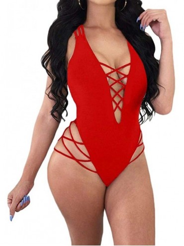 One-Pieces Women Sexy One Piece Swimsuit Lace Up Strappy Deep V Neck Backless Monokini Bathing Suit - Red - CW18XINYMDR $24.87