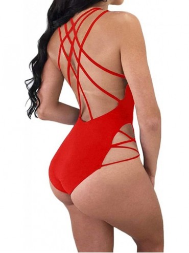 One-Pieces Women Sexy One Piece Swimsuit Lace Up Strappy Deep V Neck Backless Monokini Bathing Suit - Red - CW18XINYMDR $12.61