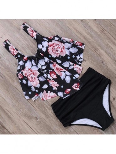 Sets Swimsuit for Women Two Piece Bathing Suit Ruffled Top with High Waisted Bottom Bikini Set - A-pink - CA196DD9697 $14.89