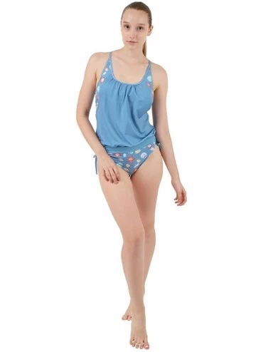 Tankinis Womens Lined Up Tankini Top with Panty Two Pieces Swimsuit Swimwear Set- XS-3XL - Beach Blue - C4183GOXM3H $60.46