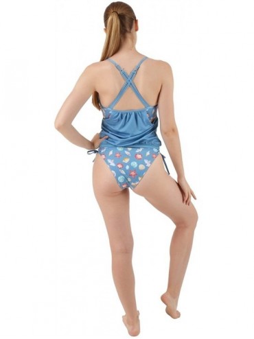 Tankinis Womens Lined Up Tankini Top with Panty Two Pieces Swimsuit Swimwear Set- XS-3XL - Beach Blue - C4183GOXM3H $26.70