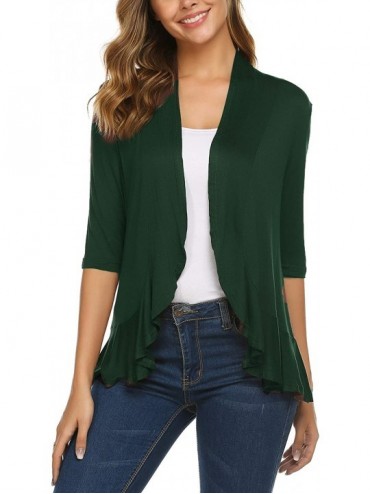 Cover-Ups Women's Open Front Cardigan 3/4 Sleeve Draped Ruffles Soft Knit Sweaters - Dark Green - C018XE7OLD2 $44.59