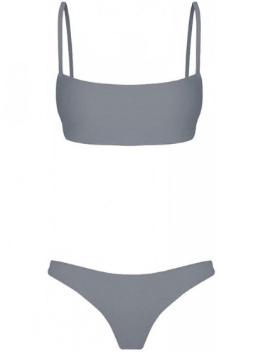 Racing Women Two Piece Swimsuit Sport Bikini Scoop Neck Halter Bandeau Top High Cut Cheeky Thong Bathing Suit Swimwear Gray -...