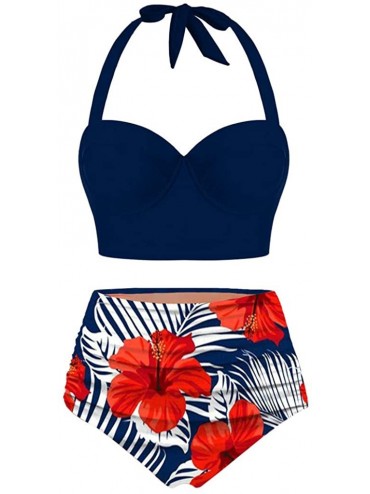 Racing Women Vintage Swimsuit Two Piece Retro Halter Floral Sunflower High Waist Bottom Swimwear Tankini - Navy - CL196H4DGRS...