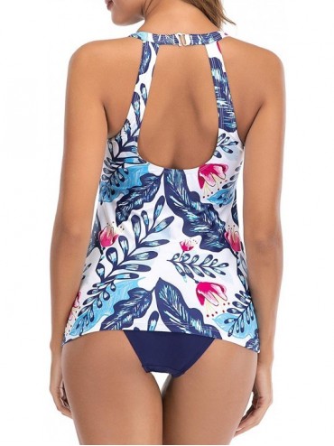 Racing Women's Two Piece Tankini Swimsuit Floral Tank Top Bikinis Padded Swimwear with Boyshorts - Fashion Blue Leaves - CV19...