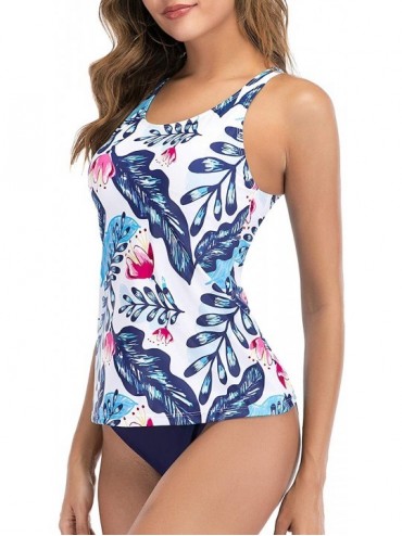 Racing Women's Two Piece Tankini Swimsuit Floral Tank Top Bikinis Padded Swimwear with Boyshorts - Fashion Blue Leaves - CV19...