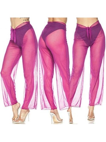 Tankinis Women Sexy Perspective Mesh Sheer Swim Shorts Pants Bikini Bottom Cover up Ruffle Clubwear Pants - Rose Red 3 - CX18...