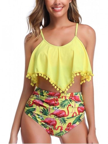 Sets Women's Ruffled Pom Pom Bathing Suit High Waisted Swimsuit Bikinis Tankini Set - Yellow Flamingo Print - C318T99DILR $41.97
