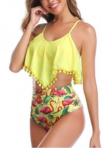 Sets Women's Ruffled Pom Pom Bathing Suit High Waisted Swimsuit Bikinis Tankini Set - Yellow Flamingo Print - C318T99DILR $21.26
