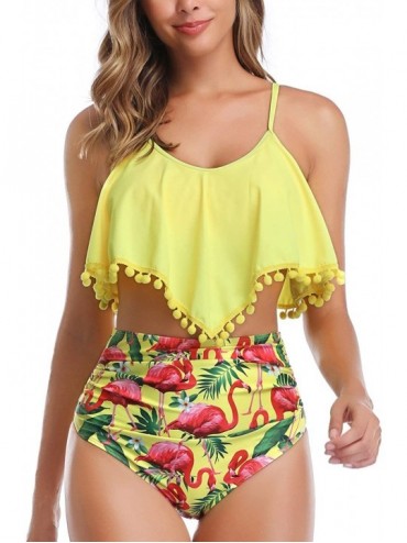 Sets Women's Ruffled Pom Pom Bathing Suit High Waisted Swimsuit Bikinis Tankini Set - Yellow Flamingo Print - C318T99DILR $21.26