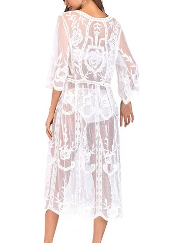Cover-Ups Women's Sexy V Neck Half Sleeve Long Floral Embroidered Lace Kimono Cardigan Swimsuit Cover Ups - Z1-white2 - CG18Q...