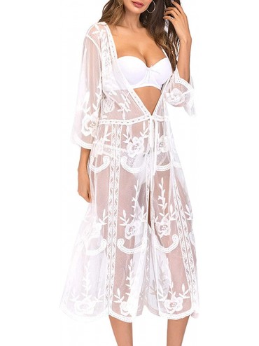 Cover-Ups Women's Sexy V Neck Half Sleeve Long Floral Embroidered Lace Kimono Cardigan Swimsuit Cover Ups - Z1-white2 - CG18Q...