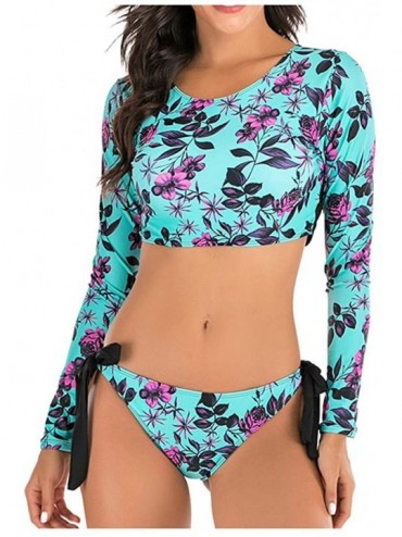 Sets Women Bikini Swimwear Long Sleeve Crop Shirt Top Thong Bottom Swimsuit Beach Bathing Suit - F-blue - CK19706Q5W0 $52.14