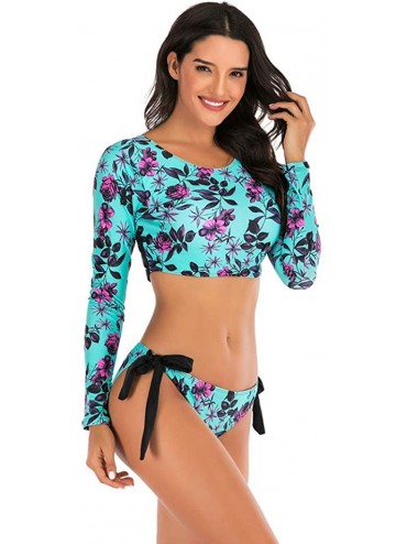 Sets Women Bikini Swimwear Long Sleeve Crop Shirt Top Thong Bottom Swimsuit Beach Bathing Suit - F-blue - CK19706Q5W0 $21.62