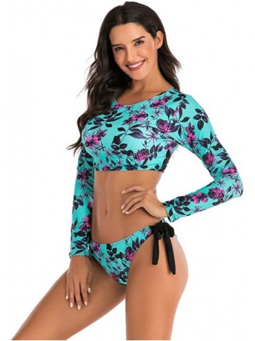 Sets Women Bikini Swimwear Long Sleeve Crop Shirt Top Thong Bottom Swimsuit Beach Bathing Suit - F-blue - CK19706Q5W0 $21.62
