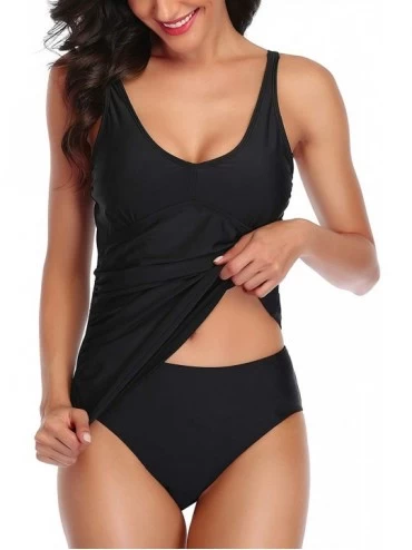 Tankinis Women Ruched Tummy Control Tankini Swimsuit 2 Piece Bathing Suit Slimming Swimwear - Black - CZ193L0ZCQC $48.19