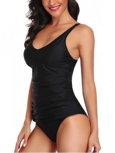 Tankinis Women Ruched Tummy Control Tankini Swimsuit 2 Piece Bathing Suit Slimming Swimwear - Black - CZ193L0ZCQC $23.76