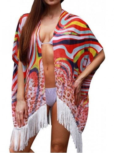Cover-Ups Women's Beach Kimono Cover Up Sheer Leopard Snake Floral Chiffon Bikini Cardigan for Summer Red Stripe & Leopard - ...