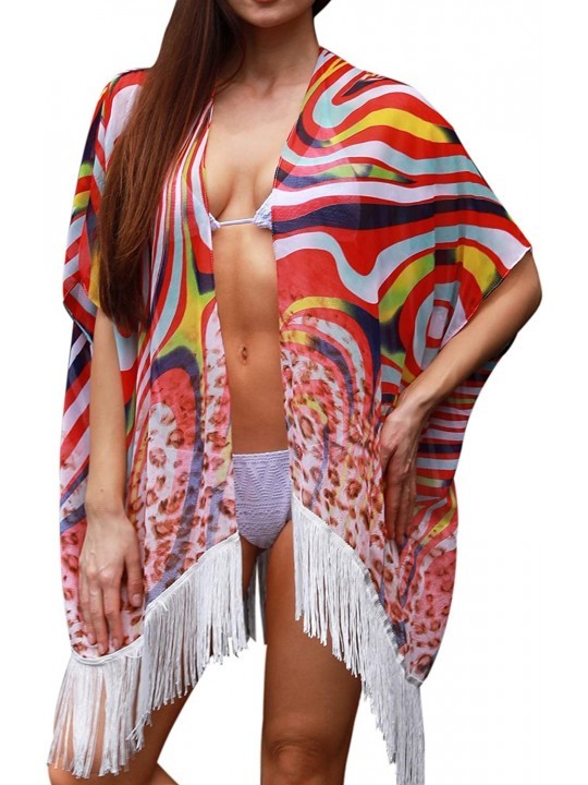 Cover-Ups Women's Beach Kimono Cover Up Sheer Leopard Snake Floral Chiffon Bikini Cardigan for Summer Red Stripe & Leopard - ...