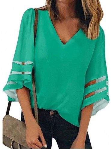 Cover-Ups Women's V Neck Mesh Panel Patchwork 3/4 Bell Sleeve Loose Blouse Top Shirt - Green - C9192NXSU63 $46.91