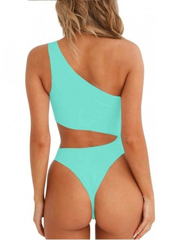 One-Pieces Women's Sexy One Shoulder Bathing Suit Cut Out One Piece Swimsuit - Lake Blue - C219DO7QOCQ $30.98