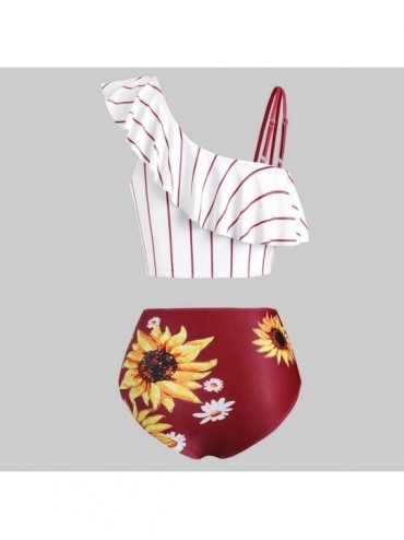 Tankinis Women's Striped Sunflower Print Push-Up Padded Plus Size Overlay Bikini Swimsuit Beachwear - C Wine - CP199SIZNAW $1...