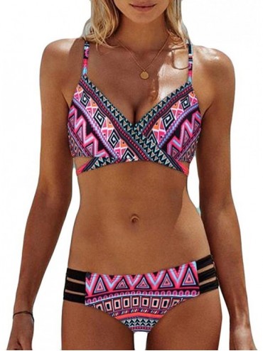 Sets Women Bohemia Push-Up Padded Bra Beach Bikini Sets - Pink 2 - C418EX4K8LH $30.92