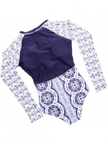 One-Pieces Women's Rashguard Long Sleeve Zip Swimsuit Print Surfing one Piece Swimwear - S-blue - CQ19240TTWD $25.87