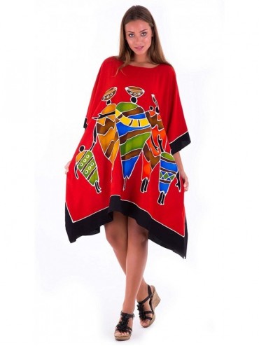Cover-Ups Womens Poncho Dress Short Tunic Swim Cover Up Kaftan Plus Size - Family Red - C612NGGYCRD $61.93