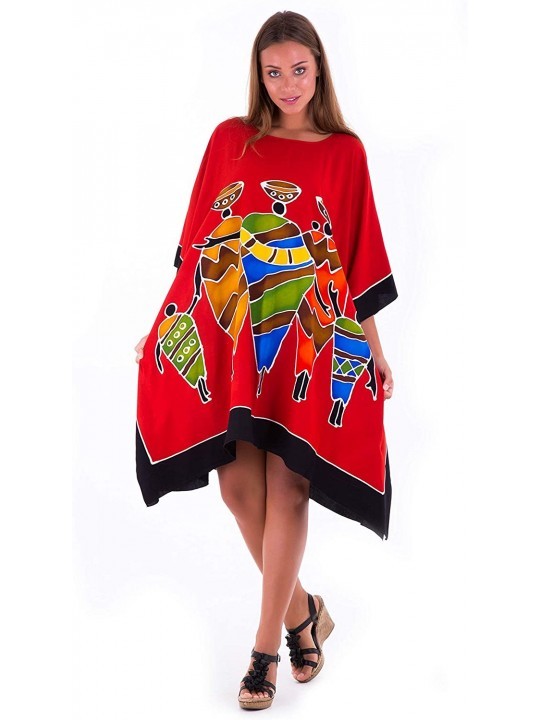 Cover-Ups Womens Poncho Dress Short Tunic Swim Cover Up Kaftan Plus Size - Family Red - C612NGGYCRD $30.15