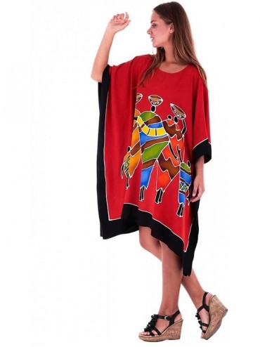 Cover-Ups Womens Poncho Dress Short Tunic Swim Cover Up Kaftan Plus Size - Family Red - C612NGGYCRD $30.15