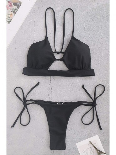 Sets Womens Triangle Swimsuits Brazilian Thong Bikini Set Tie Knot Bathing Suit Two Piece Swimwear - Black - C4194X04ZS4 $25.01