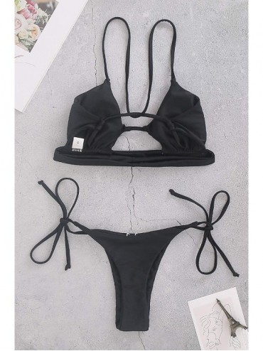 Sets Womens Triangle Swimsuits Brazilian Thong Bikini Set Tie Knot Bathing Suit Two Piece Swimwear - Black - C4194X04ZS4 $25.01