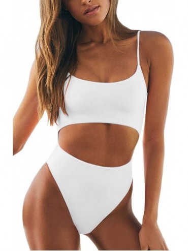 One-Pieces Womens Spaghetti Strap Lace Up Cutout High Waisted Thong One Piece Swimsuit - White - CL18QOAUNYQ $43.60