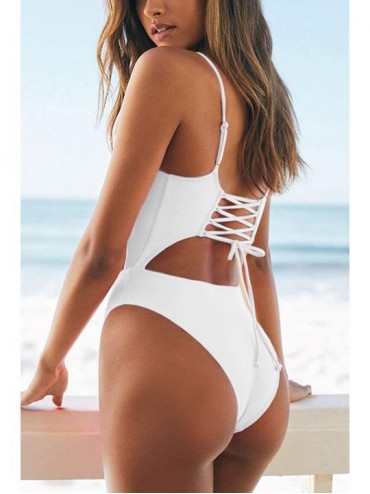 One-Pieces Womens Spaghetti Strap Lace Up Cutout High Waisted Thong One Piece Swimsuit - White - CL18QOAUNYQ $27.74
