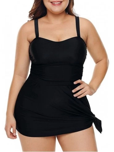 Tankinis Womens Plus Size Two Piece Ruched Tankini Set Swimdress Swimsuit - Black Tie - CZ18M2GS8HH $49.76
