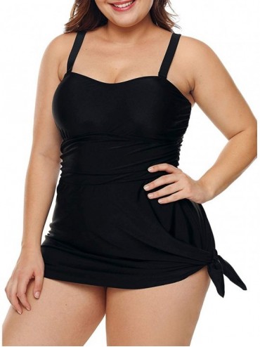 Tankinis Womens Plus Size Two Piece Ruched Tankini Set Swimdress Swimsuit - Black Tie - CZ18M2GS8HH $27.26